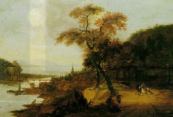 Jacob van der Does Landscape along a river with horsemen oil painting image